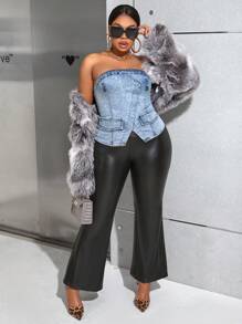 SHEIN SXY 加大號高彈力牛仔束腰上衣,感恩節女裝,女式上衣 - 中等水洗藍 - 查看 6