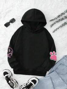 SHEIN Unity 卡通和字母圖案落肩袖保暖連帽衫 - 黑色 - 查看 2