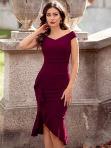 MIUSOL Off Shoulder Ruffle Trim Mermaid Wrap Hem Fitted Cocktail Party Dress - Burgundy - View 7