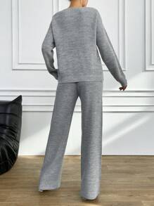 RueChic Beaded V-neck Drop Shoulder Sleeved Sweater And Knitted Trousers Set - Grey - View 2
