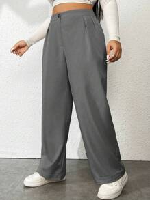 Flirla 女款大尺寸折疊打褶純色寬鬆直筒褲休閒裝 - 灰色 - 查看 1