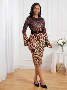 SHEIN Lady 女式豹紋開衩袖繫腰帶連身裙 - 彩色 - 查看 4