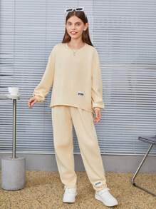 SHEIN Tween 女童針織純色寬鬆圓領毛衣+寬鬆長褲 2 件套 - 白色 - 查看 6