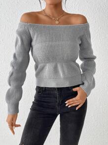 SHEIN Unity Suéter de punto con hombros descubiertos de moda para otoño e invierno - Gris - Ver 3