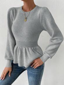 SHEIN Privé 純色荷葉邊泡泡袖圓領針織毛衣 - 灰色 - 查看 3
