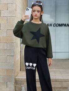 SHEIN Girls' Loose Fit College Style Color Block Star Pattern Sweatshirt For Big Kids - Multicolor - View 5
