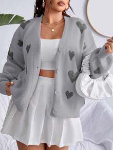 SHEIN Qutie Plus Size Women'S Casual Heart Pattern Drop Shoulder Cardigan - Grey - View 3