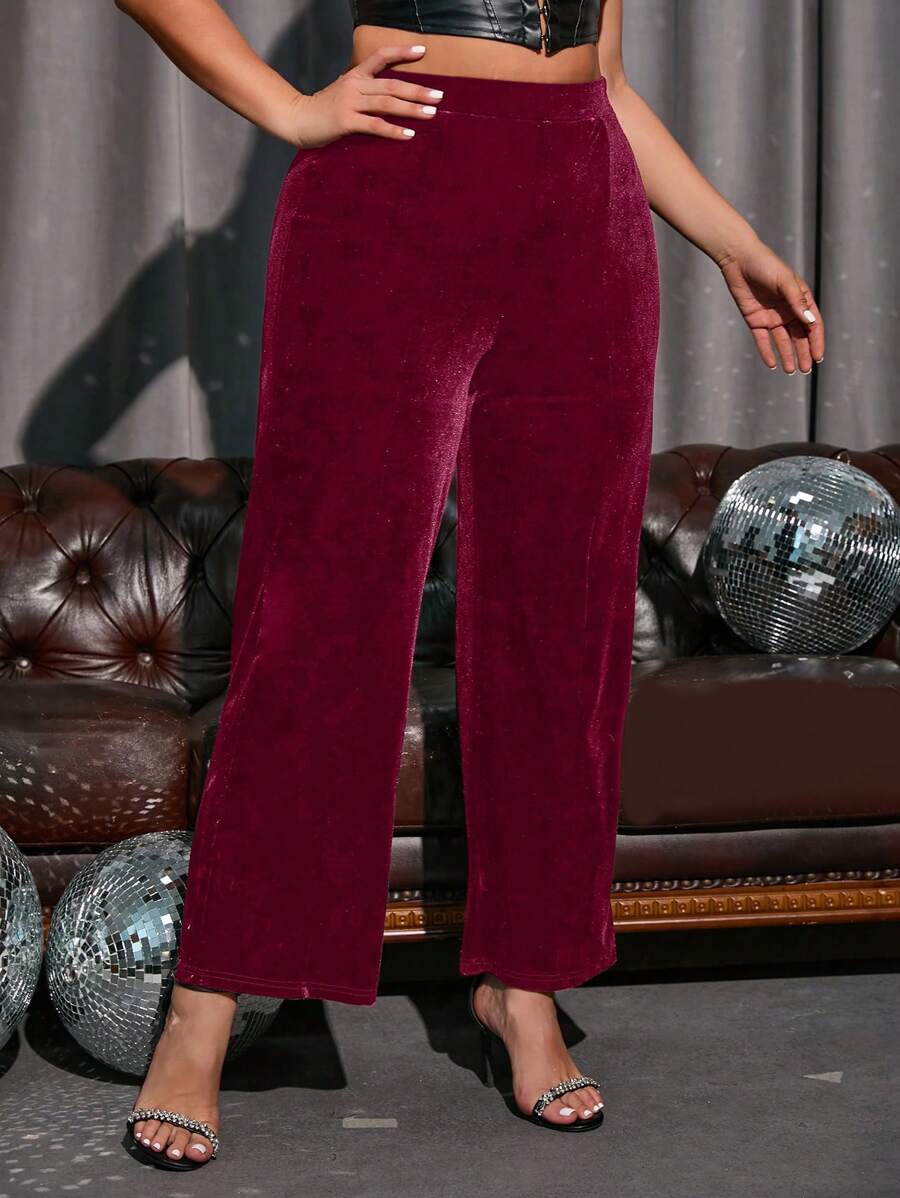 SHEIN Privé Kích thước lớn Eo cao Nhung Quần - Màu Đỏ Sâu - Xem 1