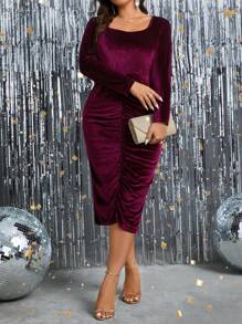 SHEIN Clasi Kích thước lớn Hình vuông Đường viền cổ áo Mặt trước Nếp gấp Đầm - Màu Đỏ Sâu - Xem 4