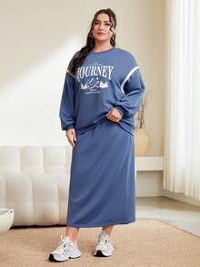 Mulvari Women's Plus Size Letter And Mountain Print Two Piece Set - Blue - View 5