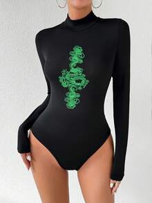 SHEIN Essnce Women's Dragon Printed Bodysuit - Black - View 3