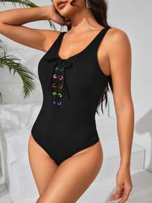 SHEIN Swim 夏季女士连体泳衣（带吊带） - 黑色 - 查看 3