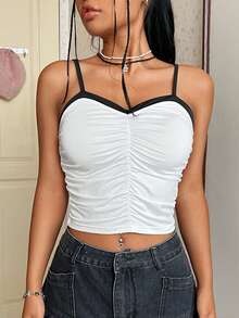 SHEIN EZwear 女性褶皺背心上衣,與對比色邊飾相得益彰 - 黑與白 - 查看 3