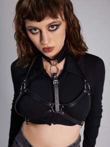 ROMWE Goth Collar Decorated Wrapped Chest Pu Harness - Black - View 5