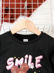 SHEIN 幼兒女童針織可愛小女孩圖案長袖連衣裙 - 黑色 - 查看 5