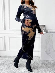 SHEIN 孕婦圓領印染長袖修身連身裙 - 黑色 - 查看 6