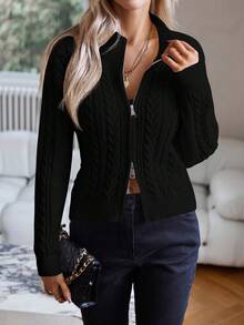 SHEIN Clasi Ladies' Zip-up Solid Color Cardigan - Black - View 3