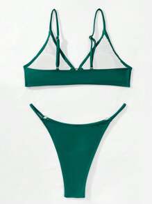 SHEIN Swim Jednolity kolor Dekolt Halter Zestaw bikini Z Kolisty Pierścionki Detale - Ciemnozielony - Zobacz 2