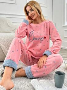 Women's Letter Embroidery & Heart Print Homewear Set - Pink - View 1