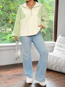 SHEIN EZwear Của phụ nữ Kích thước lớn lông tơ Áo nỉ Với Dây kéo nửa Khép kín Và Vòng cổ - màu xanh lá - Xem 4