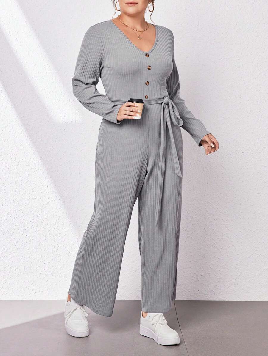 SHEIN Essnce Mono De Talla Grande Para Mujer Con Detalles De Botones Acanalados - Gris - Ver 1
