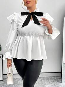 SHEIN Privé Damenbluse Große Größen Mit Bindeausschnitt Und Spitzenbesatz - Schwarz und Weiss - Übersicht 4