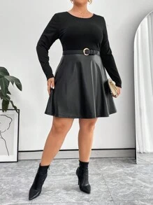 SHEIN Privé Damen Große Größen Rundhalsausschnitt Langarm Patchwork Pu-leder Saum Kleid - Schwarz - Übersicht 4