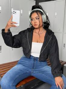 SHEIN ICON Áo khoác denim lót nhiệt có khóa kéo phía trước cỡ lớn dành cho nữ - Màu xám đen - Xem 3