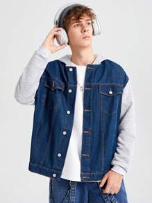SHEIN Áo khoác denim thường ngày chắp vá cho bé trai tuổi teen - Nhiều màu - Xem 1