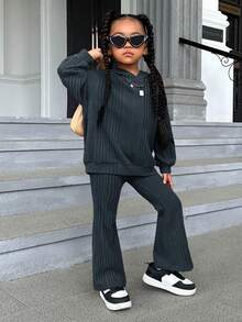 SHEIN Young Girl Casual Comfortable Hooded Sweatshirt Set - Dark Grey - View 6