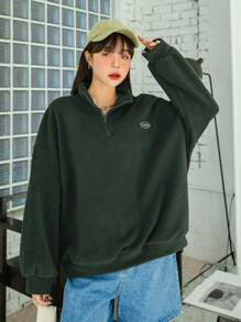 DAZY Letter Embroidered Zippered Drop Shoulder Sweatshirt,Long Sleeve Tops,Fall Women Clothes