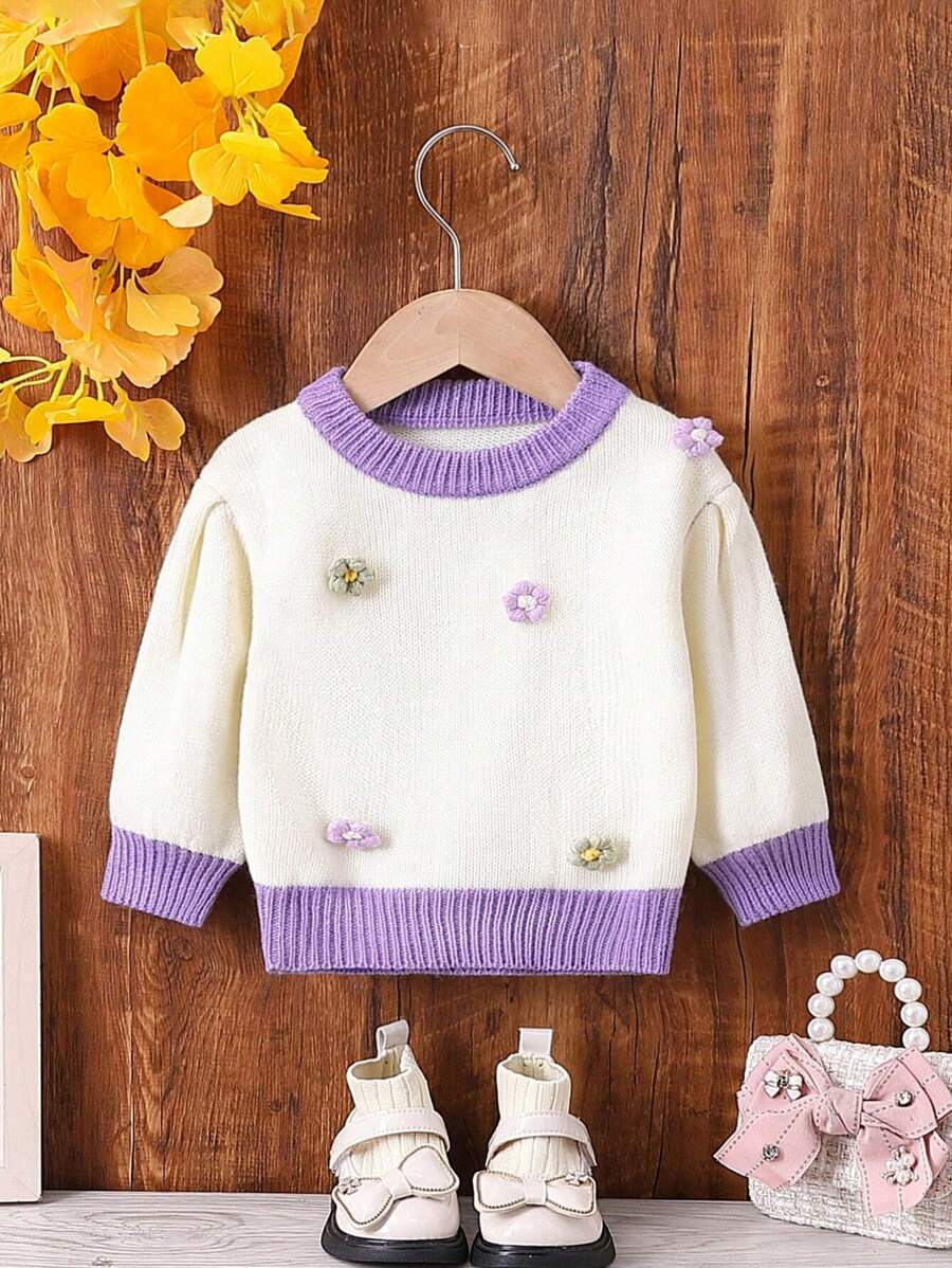 Em bé Cô gái Khối màu Vòng cổ 3D Hoa Áo len - Màu tím - Xem 1