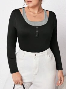 SHEIN Essnce Women's Plus Size 2 in 1 Bodysuit - Black - View 3