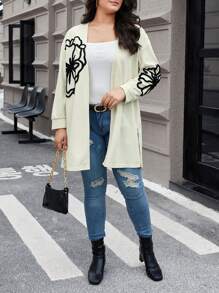 SHEIN Franclia Của phụ nữ Kích thước lớn Kích thước lớn Hình hoa Mặt trước Mở Áo len Mở Với Thả vai - Màu be - Xem 6