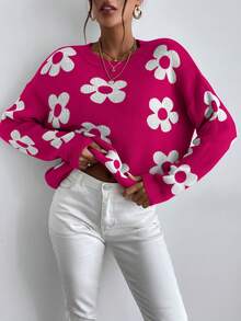SHEIN Essnce 花卉圖案下肩針織外套 - 彩色 - 查看 5