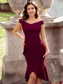 MIUSOL Off Shoulder Ruffle Trim Mermaid Wrap Hem Fitted Cocktail Party Dress - Burgundy - View 5