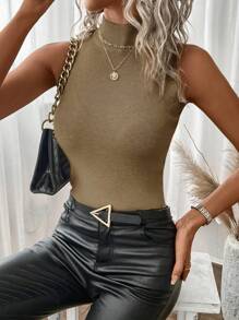 SHEIN Unity Women's Solid Color Stand Collar Sleeveless Knitted Top - Camel - View 1