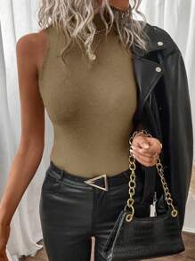 SHEIN Unity Women's Solid Color Stand Collar Sleeveless Knitted Top - Camel - View 6