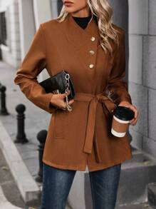 SHEIN Clasi 女士常規版型外套,單排扣帶腰設計 - 卡其色 - 查看 3