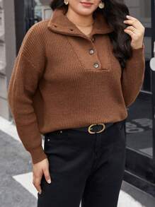 SHEIN Franclia Plus Size Solid Color Cardigan With Front Button Closure And Drop Shoulder Design - Brown - View 1