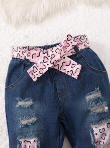 Baby Girls' Personality Printed Long Sleeve Top And Denim Pants Set