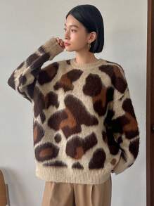 FRIFUL Women's Leopard Print Drop Shoulder Sweater,Ladies Late Fall Casual Long Sleeve Loose Coffee Brown Drop Shoulder Pullovers Women Sweaters,Long Sleeve Tops - Coffee Brown - View 5