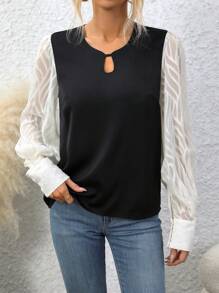SHEIN Clasi Cutout Collar Patchwork Lantern Sleeve Shirt