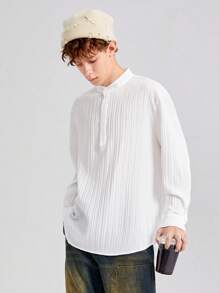 SHEIN 青少年男孩休閒寬鬆基礎款立領長袖襯衫 - 白色 - 查看 4