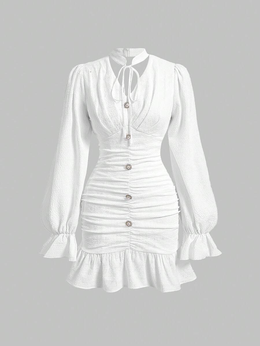 SHEIN MOD Vestido Plisado Con Mangas De Volantes Para Mujer - Blanco - Ver 1