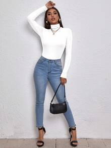 RueChic High Neck Slim Fit Tee - Beige - View 3