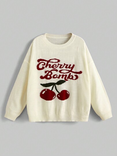 Kawaii Women's Plus Size Cherry & Letter Pattern Drop Shoulder Sweater, For Winter