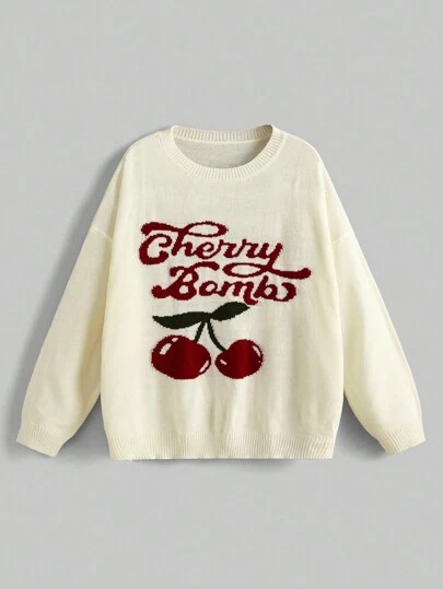 ROMWE Kawaii Kvinnors Plus Size Cherry & Letter mönster Drop Shoulder tröja, för vintern