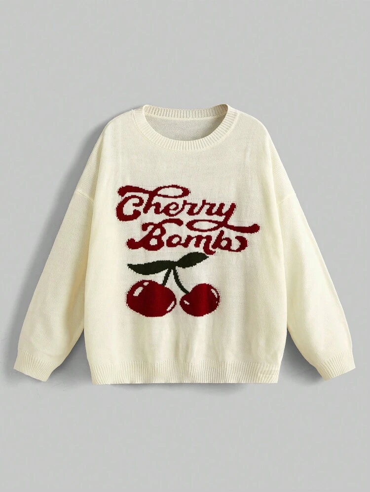 Women's Plus Size Cherry & Letter Pattern Drop Shoulder Sweater, For Winter