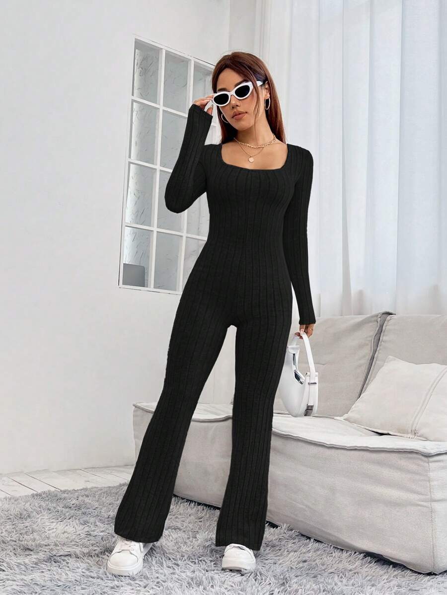 SHEIN PETITE Solid Color Ribbed Knit Long Sleeve Spring Jumpsuit - Black - View 1